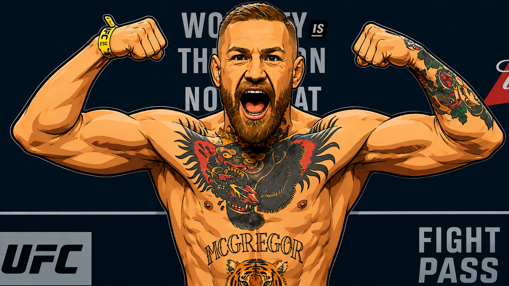 Illustrated portrait of Conor McGregor flexing, tattoos visible, mid-roar